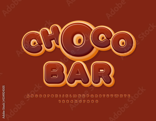 Vector playful emblem Choco Bar. Creative Alphabet Letters and Numbers set. Donut tasty Font