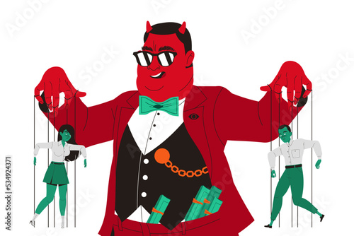 Manipulation of People with Fat Red Man Puppeteer Pulling Strings of Zombified Marionette Vector Illustration