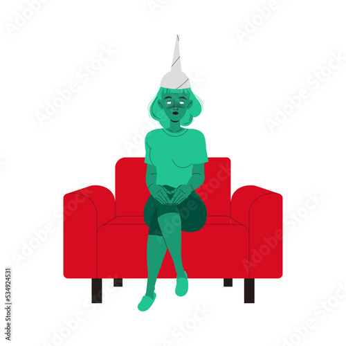 Zombified Woman in Tin Foil Hat Sitting on Red Armchair as Manipulation and Hypnosis Vector Illustration