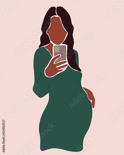 Portrait of a pregnant woman with a phone in her hand. The expectant mother takes a selfie. Vector graphics.