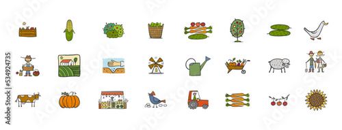 Organic Farm icons For your Design. Harvest Festival. Agriculture collection. Organic farming eco concept. Fresh products, locally grown and organic food. Farmer's Market. Vector illustration