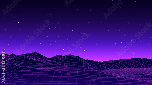 Retro fantastic background of the 80s. Vector mountain wireframe landscape with night sky and sunset . Futuristic neon scenery.