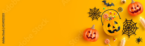 Happy Halloween background template with halloween pumpkin and Halloween Elements on orange background. Website spooky,Background or banner Halloween template