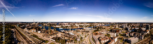 Fotografiet Aerial view of the shipyard in Gdansk on a sunny,summer day.