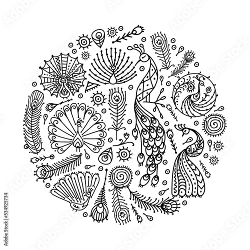 Peacock collection, ethnic style, sketch for your design. Vector illustration