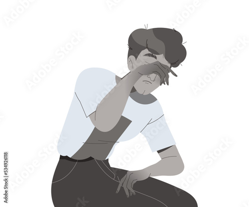 Stressed Man Character Crying Living Colorless Life Feeling Sadness and Loneliness Vector Illustration