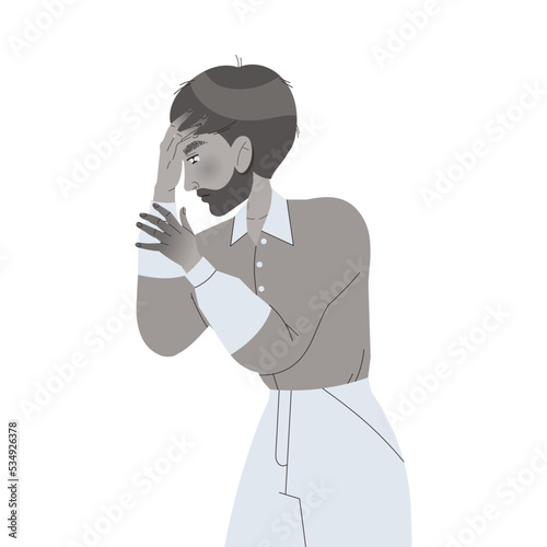 Stressed Man Character Living Colorless Life Feeling Sadness and Loneliness Vector Illustration