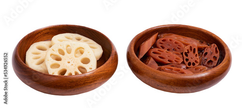 Lotus roots and lotus roots in syrup isolated on white background.