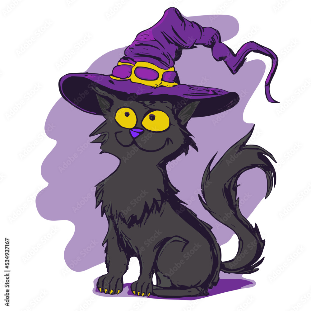 Halloween cat with hat - obrazy, fototapety, plakaty 