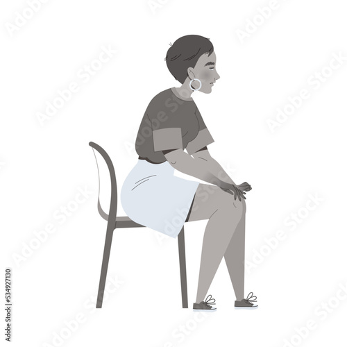Stressed Woman Character Sitting on Chair Living Colorless Life Feeling Sadness and Loneliness Vector Illustration