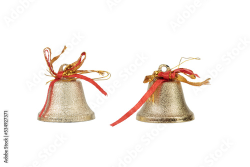 Two golden bell for a Christmas tree with a red bow.