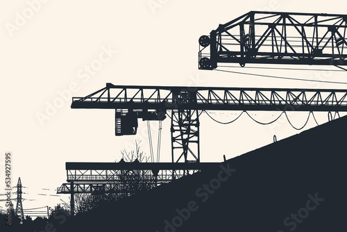 Loading cranes, metalwork plant. Silhouettes of cranes. Vector Illustration