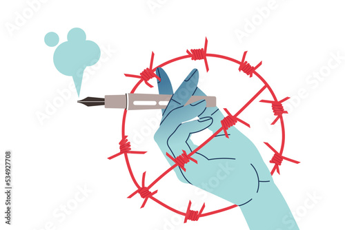 Prohibition of Independent Media with Hand Holding Fountain Pen and Ban Sign of Barbed Wire Vector Illustration