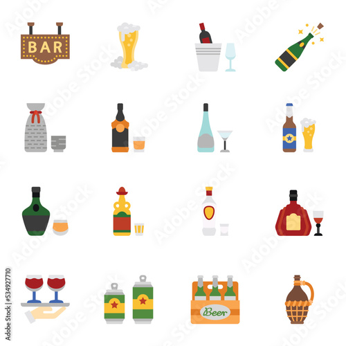 Alcohol drinks flat icon set. Bottles, glasses for restaurants and bars.