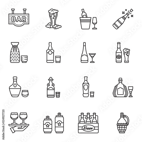 Alcohol drinks line icon set. Bottles, glasses for restaurants and bars.
