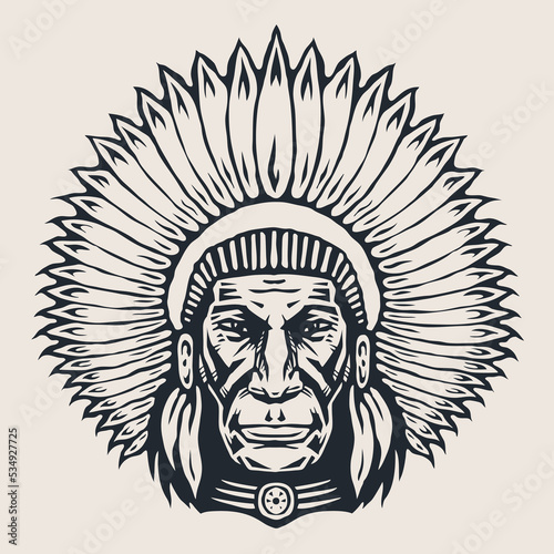 Head of an Indian chief wearing a feather headdress. Hand drawn design element, Vector illustration © Jumpingsack
