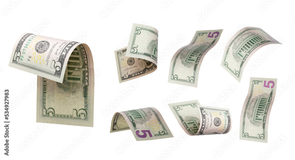 5 dollars flying on white background. USA banknotes at different angles. Wrong side 5 dollars flying on white background. USA banknotes at different angles. Wrong side