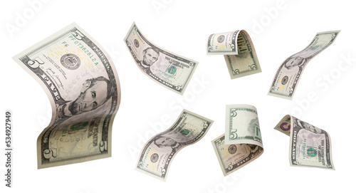 5 dollars flying on white background. USA banknotes at different angles. Front side