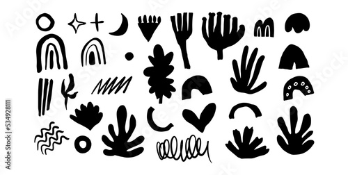 Black Scandinavian vector silhouette clip arts. Doodle floral elements for wallpaper  print  clothes  etc.
