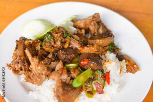 Rice topped with stir-fried duck and basil. Thailand food concept
