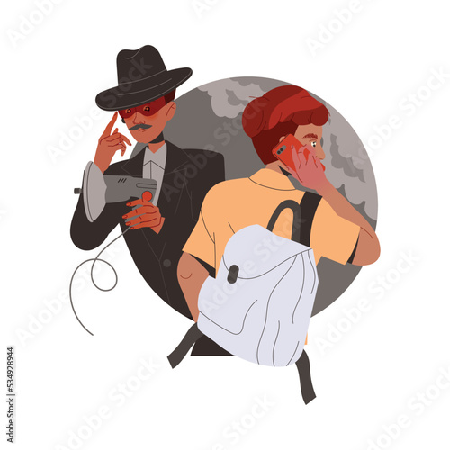 Man Special Agent in Black Hat with Megaphone Listening to Guy Speaking by Phone as Spying and Monitoring Vector Illustration