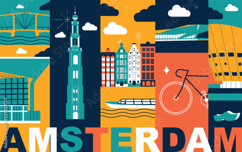Typography word Amsterdam branding technology concept. Collection flat vector web icons. Culture travel set, famous architectures, specialties silhouette. European famous landmark, split video screen