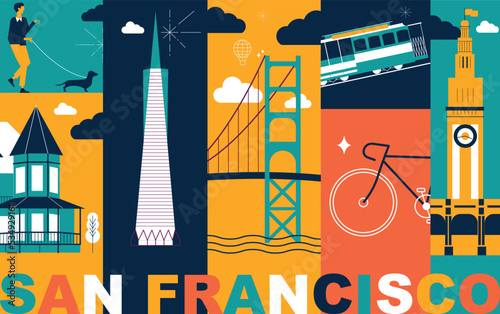 Typography word San Francisco branding technology concept. Collection of flat vector web icons. Culture travel set, famous architectures, specialties silhouette. USA famous landmark split video screen