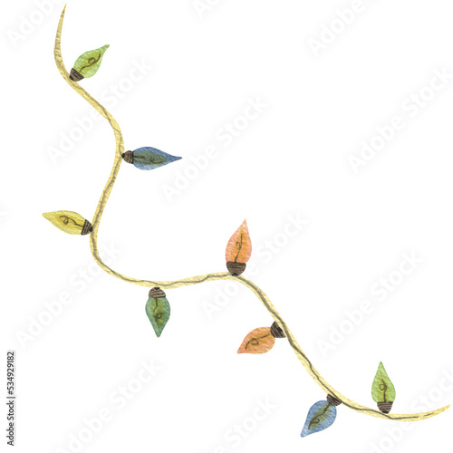 Watercolor Christmas scandinavian decor, garland with bulbs lights. Isolated on a transparent background