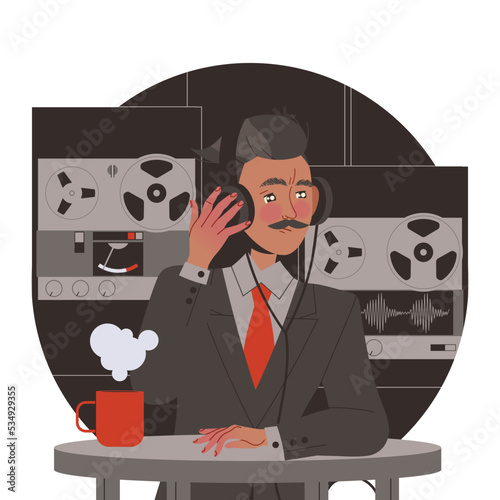 Mustached Man Special Agent in Headphones Listening to Secret Conversation Spying and Monitoring Vector Illustration