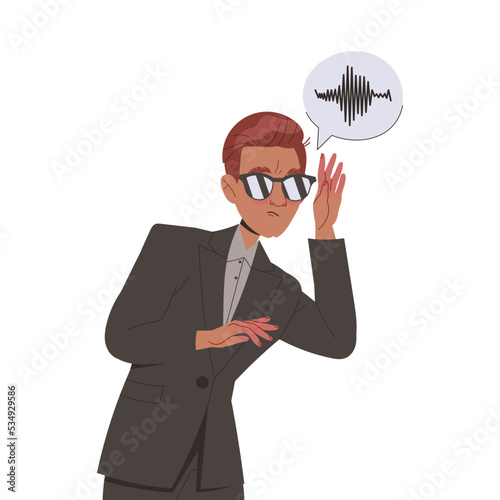 Spying and Monitoring with Young Man Private Detective in Sunglasses Listening to Conversation Vector Illustration