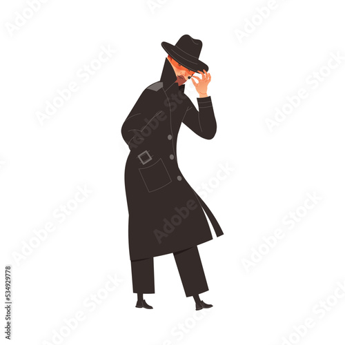 Spying and Monitoring with Young Man Private Detective in Black Hat and Coat Listening to Conversation Vector Illustration