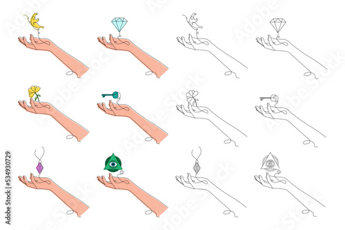 Set of hands, line art style hands, one line drawing