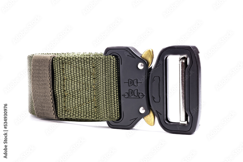 Green mens nylon fastening belt isolated on white background. Green mens nylon fastening belt isolated on white background.