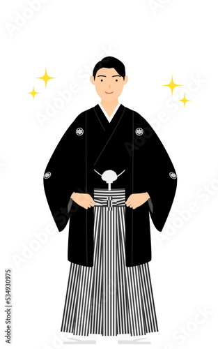 紋付袴の男性（和服姿）、腰に手を当ててポーズを取る（キラキラ付き）