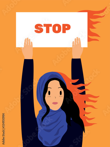 Protests in Iran. Rally and protest in iran 2022. Women's freedom in Iran. The woman asks for help. Muslim women in a hijab protest. Arabic girl holding a blank poster. Support Iran