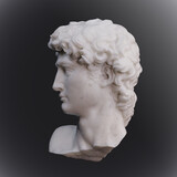 Digital concept illustration from 3D rendering of a dramatically lit white broken marble male classical head side view isolated on grey background.