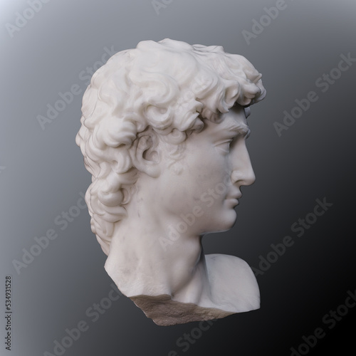 Digital concept illustration from 3D rendering of a dramatically lit white broken marble male classical head side view isolated on grey background.