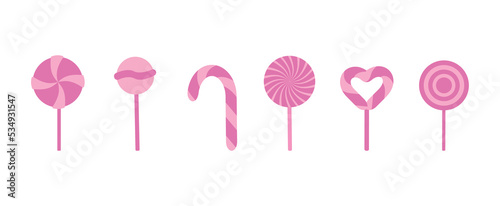Pink lollipops collection. Candy on stick with twisted design. Vector illustration
