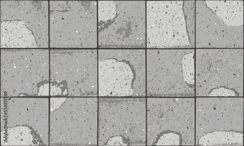Pavement with square textured cracked old bricks seamless pattern. Vector pathway texture top view. Outdoor concrete slab sidewalk. Cobblestone footpath or patio. Concrete block floor