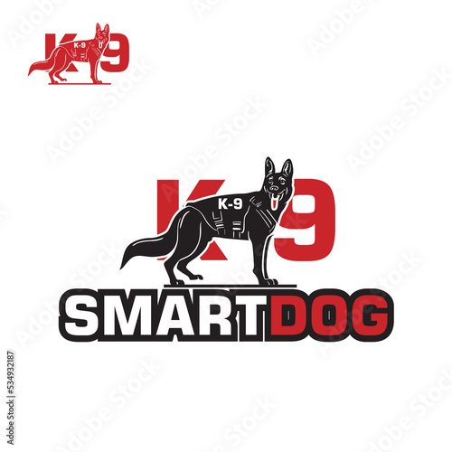 K-9 SMART DOG LOGO, silhouette of geerman shappered standing vector illustration photo