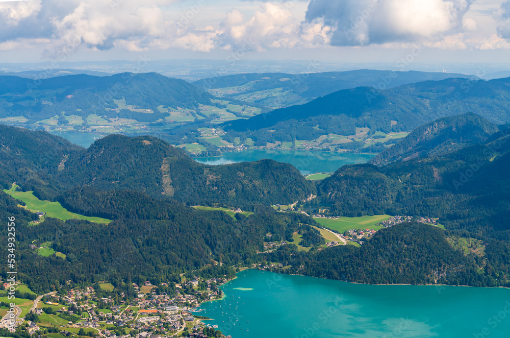 Austrian mountains and lakes. St Gilgen, Wolfgangsee and Mondsee lakes beautiful aerial view. Austria, Europe, sunny summer day.