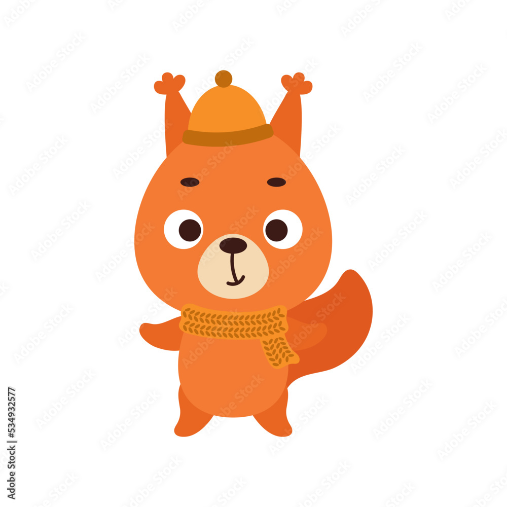 Cute little squirrel in hat and scarf. Cartoon animal character for kids t-shirts, nursery decoration, baby shower, greeting card, invitation, house interior. Vector stock illustration