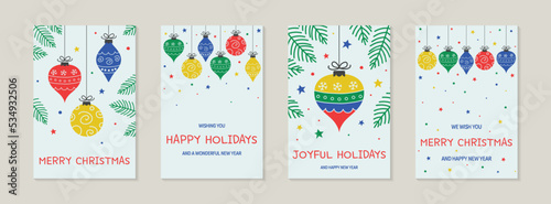 Hand drawn Christmas balls - greeting cards set. Vector illustration