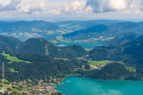 Austrian mountains and lakes. St Gilgen, Wolfgangsee and Mondsee lakes beautiful aerial view. Austria, Europe, sunny summer day.