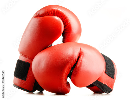 Pair of red leather boxing gloves isolated on white © monticellllo