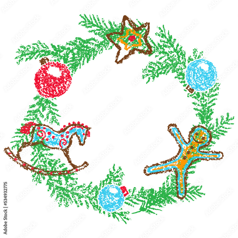 Christmas wreath with rocking horse, decor. Crayon hand drawing cartoon banner frame background. Fir tree branch. Fun doodle simple vector flat cartoon style. Pastel chalk or pencil child painting Christmas wreath with rocking horse, decor. Crayon hand drawing cartoon banner frame background. Fir tree branch. Fun doodle simple vector flat cartoon style. Pastel chalk or pencil child painting