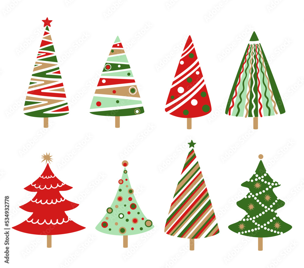 Hand drawn doodle Christmas tree set. Red green color cartoon style holiday trees. New year vector symbol. Simple artistic fun object. Many group silhouette decor icons isolated on white background Hand drawn doodle Christmas tree set. Red green color cartoon style holiday trees. New year vector symbol. Simple artistic fun object. Many group silhouette decor icons isolated on white background