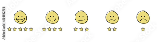 Funny star rating with emoticons. Appraisal concept. Vector