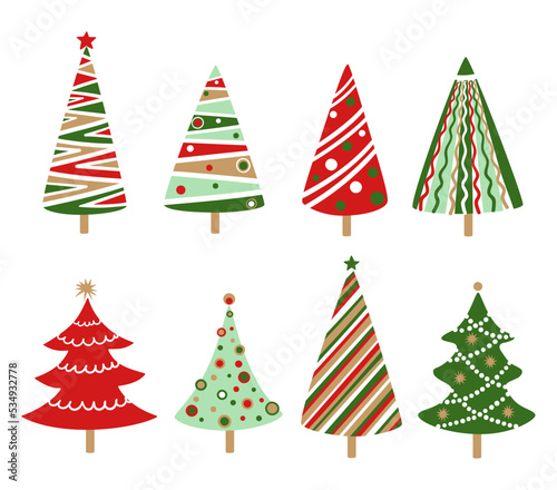 Hand drawn doodle Christmas tree set. Red green color cartoon style holiday trees. New year vector symbol. Simple artistic fun object. Many group silhouette decor icons isolated on white background