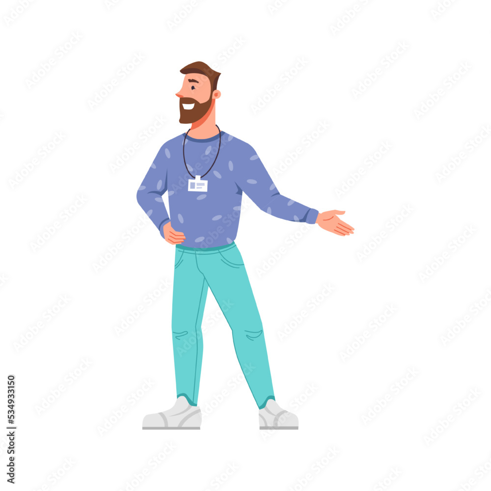 Exhibition guide or businessman with badge on neck pointing aside. Isolated personage smiling and talking, presentation or museum. Flat cartoon character, vector in flat style
